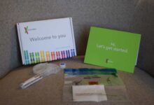 23andMe photo of unboxing - the 23andMe box and contents displayed on a chair