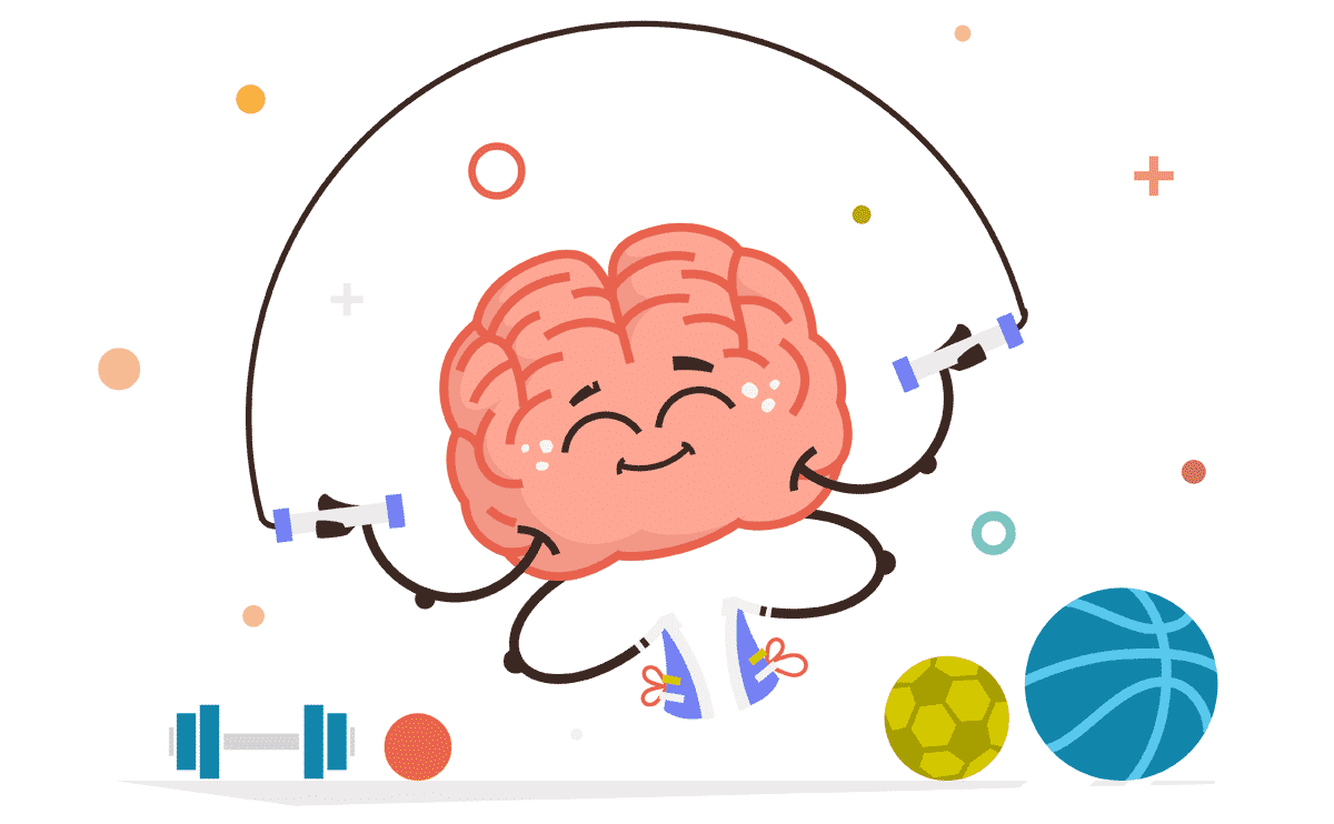 Cartoon of brain jumping rope with other sports equipment nearby