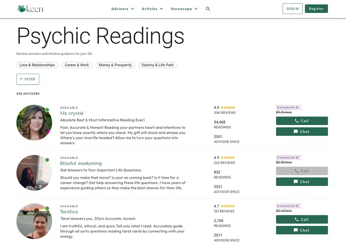 Keen Psychic Readings - website screenshot