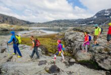 six hikers walking along lake in mountainous norway jpg