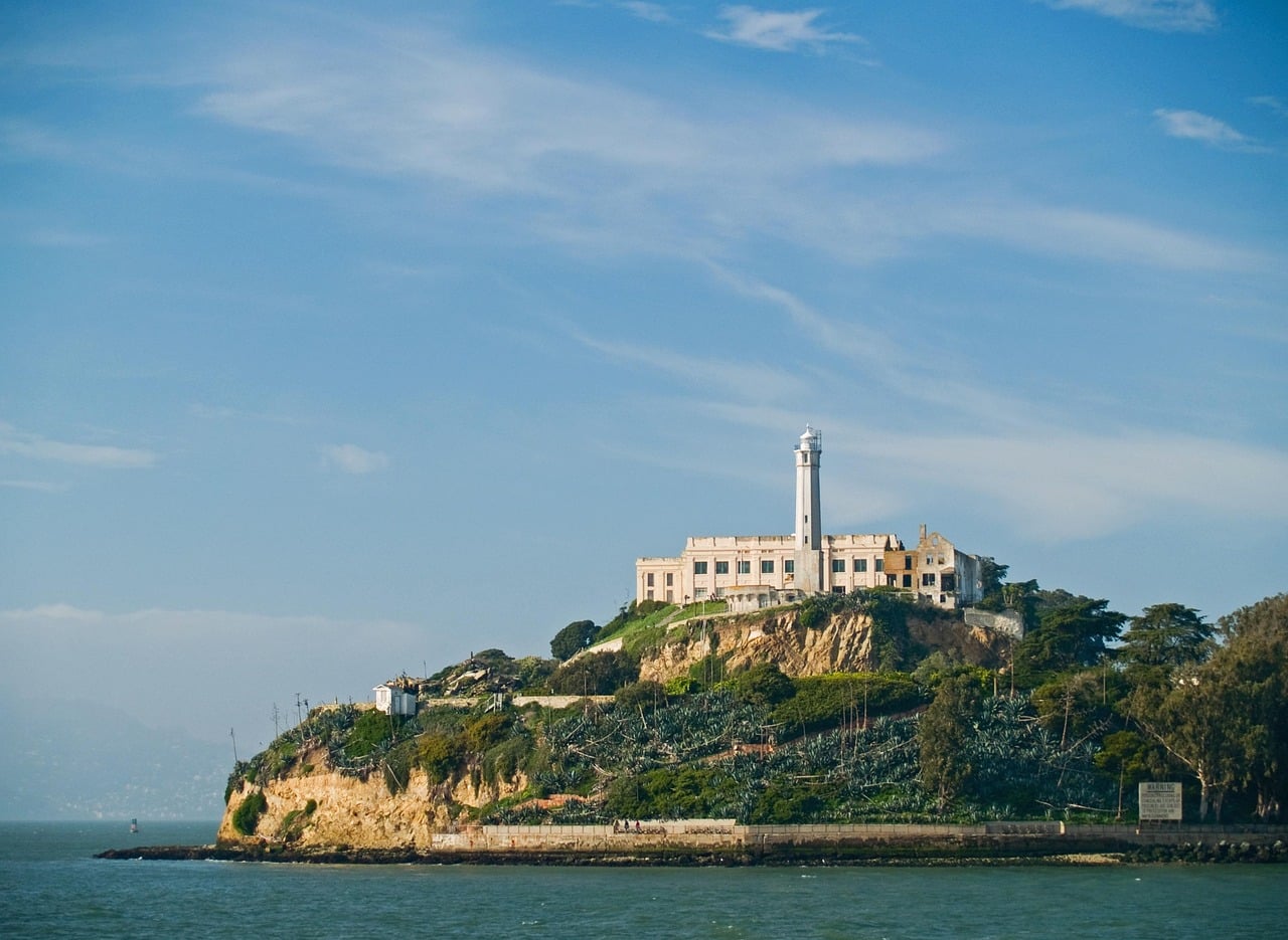 alcatraz, san francisco, california, prison, jail, francisco, san, bay, island, landmark, west, nature, coast, sea, building, tourist, attraction, national, destination, historic, blue prison