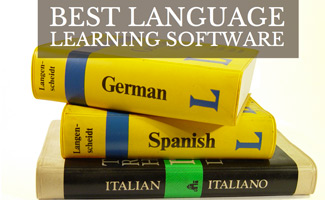 Stack of yellow language books (Caption: Best Language Learning Software)