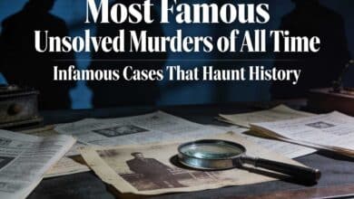 Magnifying glass on newspaper with the caption Most Famous Unsolved Murders Of All Time: Infamous Cases That Haunt History
