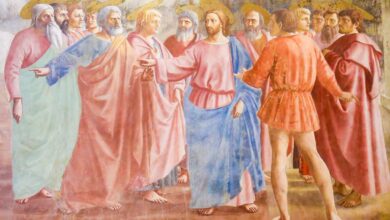 Florence, Italy - August 9, 2018: The Tribute Money, famous fresco by Masaccio in the Brancacci Chapel